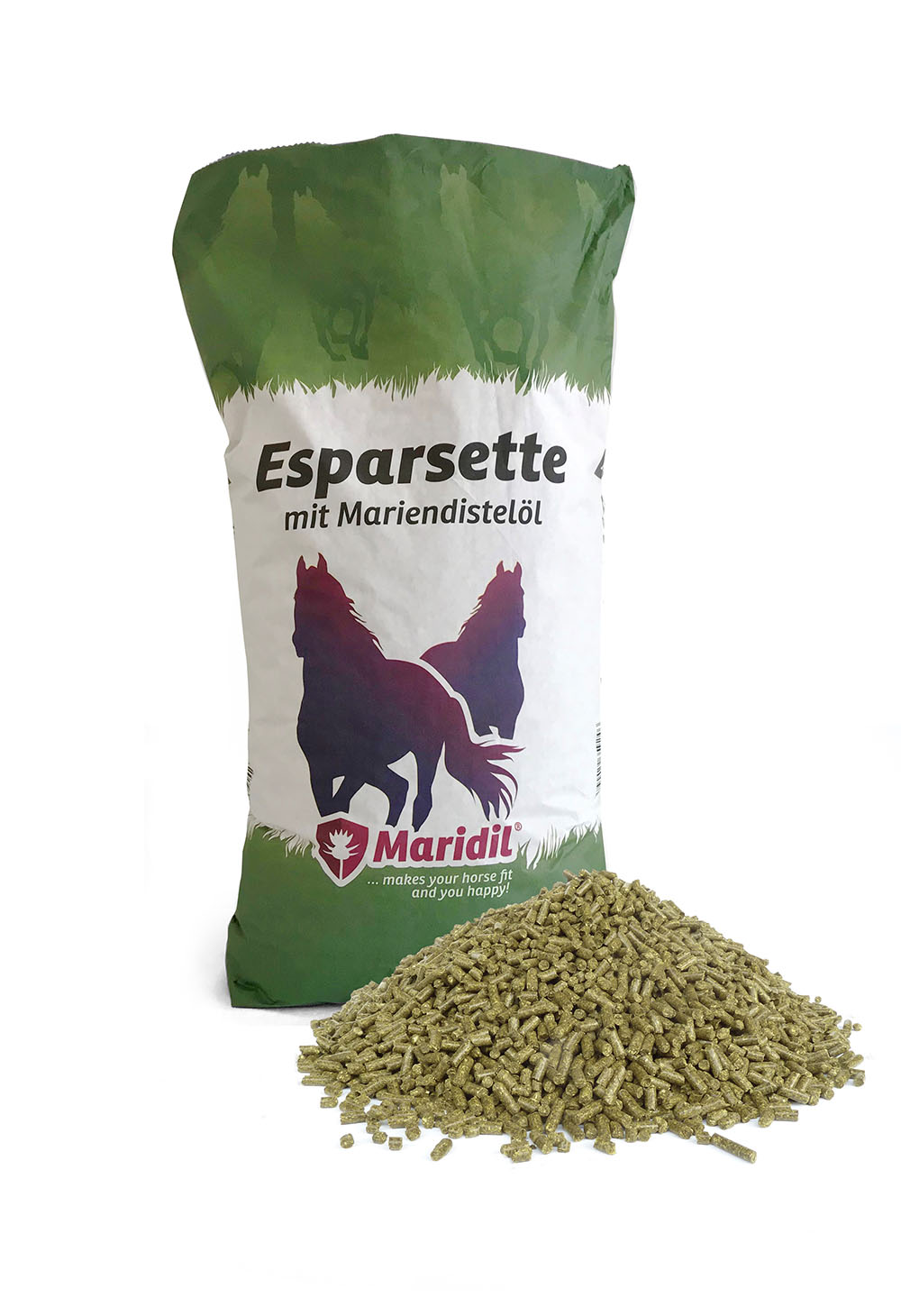 Maridil Esparsette mit Mariendistelöl Futtersack & Detailbild Pellets