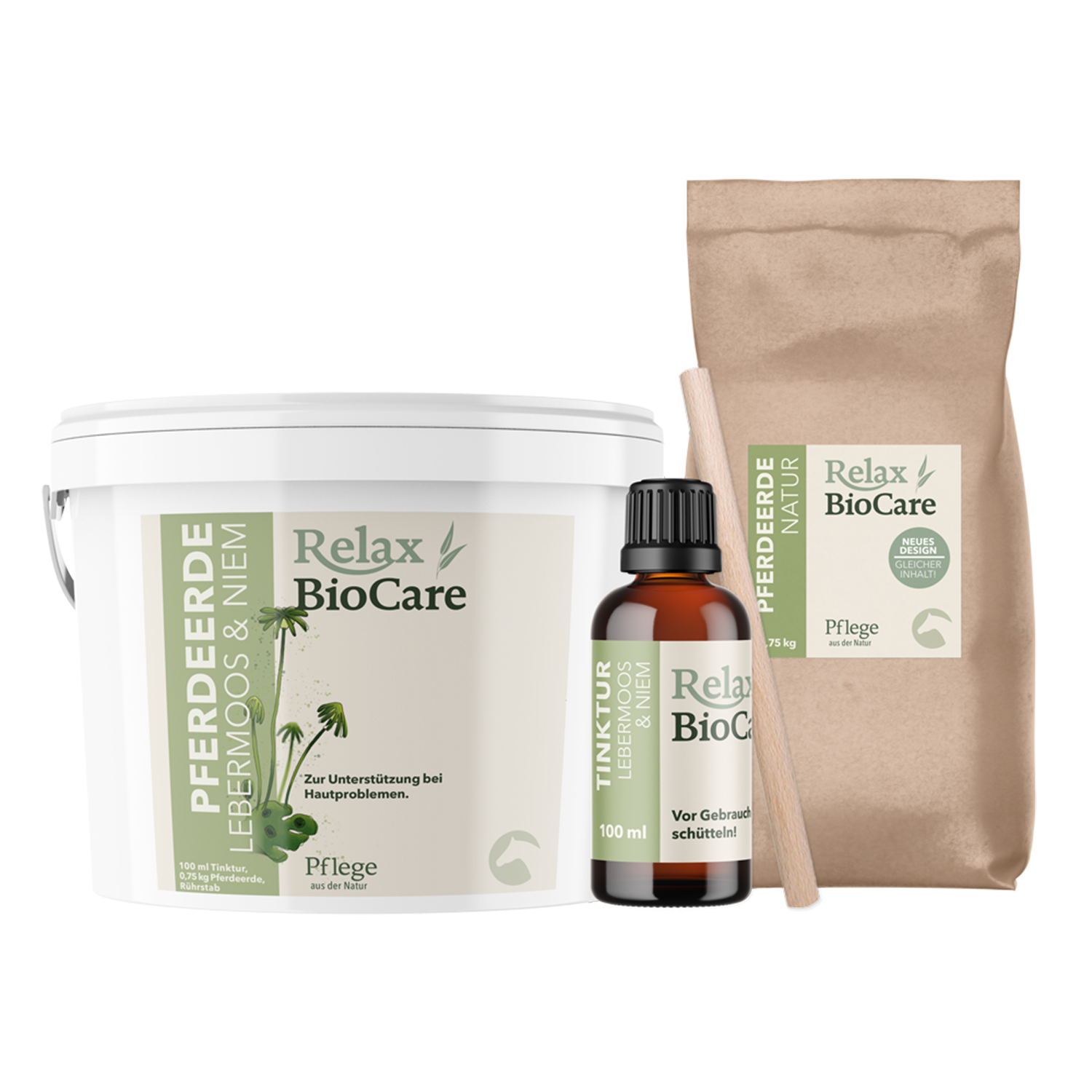 Relax-Biocare Pferdeerde Lebermoos + Niem Eimer, Flasche & Beutel