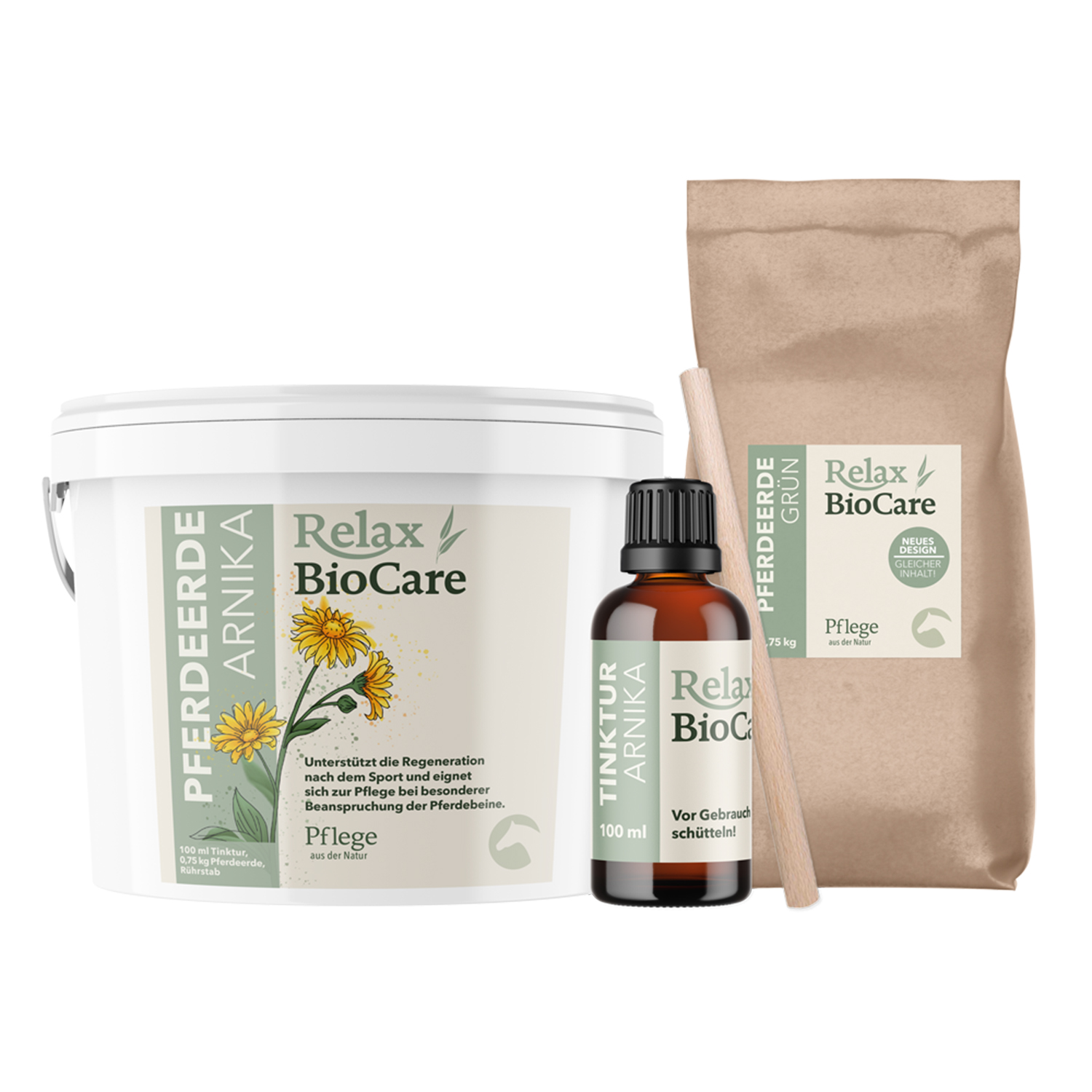 Relax-Biocare Pferdeerde Arnika Eimer, Flasche & Beutel